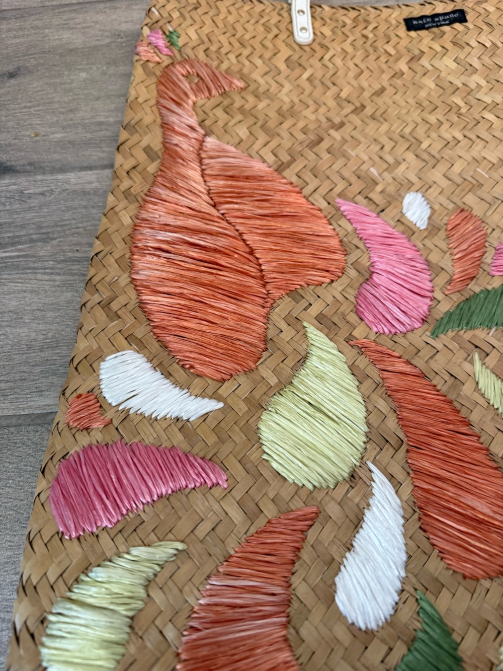 kate spade woven straw tote with pink, orange, green and cream embroidery - Picture 2 of 8